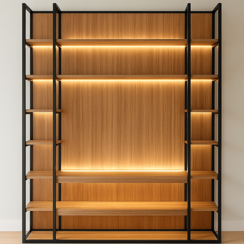 Стеллаж из металла и дуба со светодиодной подсветкой, размер: 2790х2150х400мм