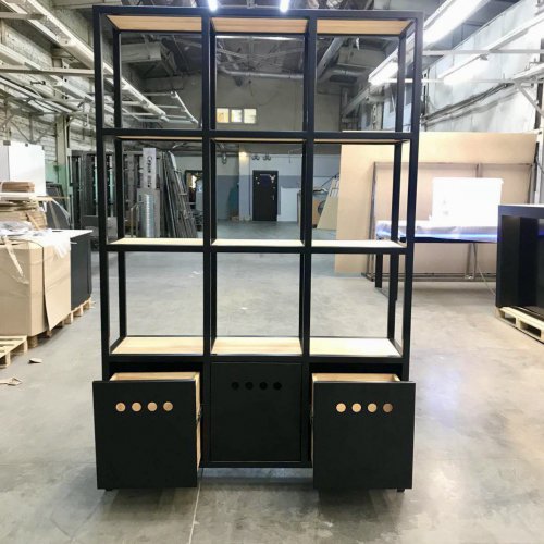 Стеллаж лофт с выдвижными ящиками из металла и массива лиственницы